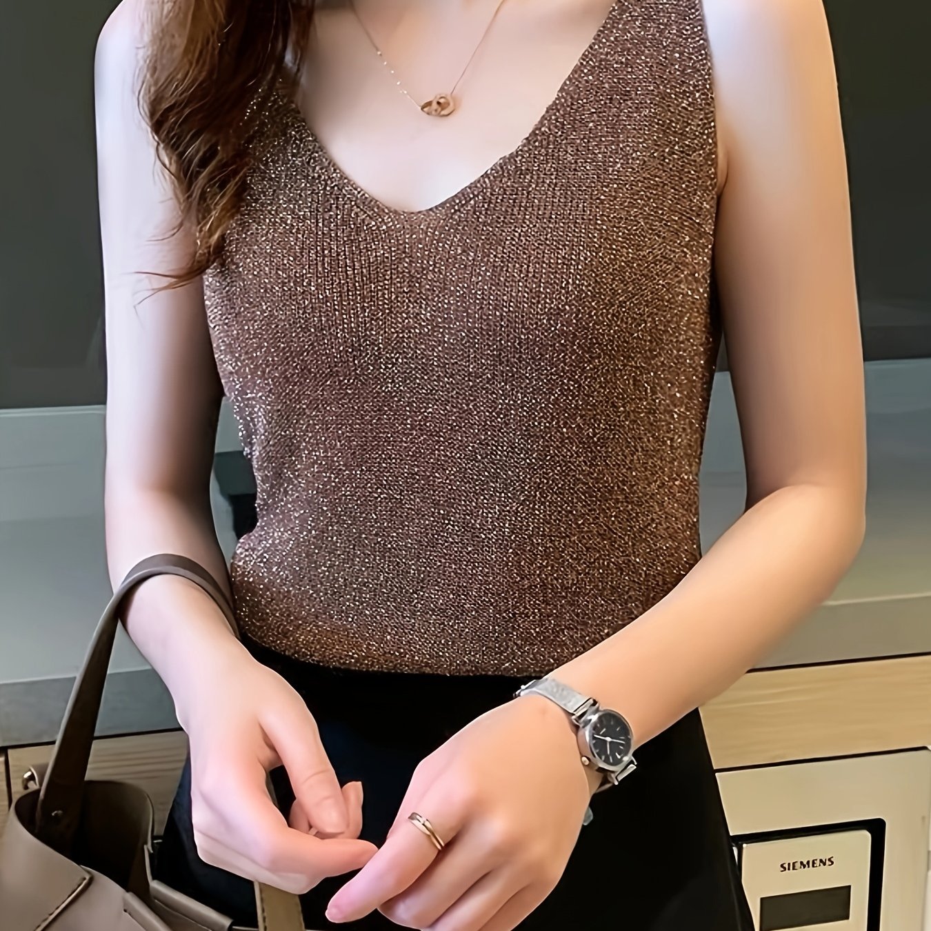 Women's Camisole Tank Top Korean Style Spring Summer Sexy Outerwear Shiny Base Layer V-neck Tight