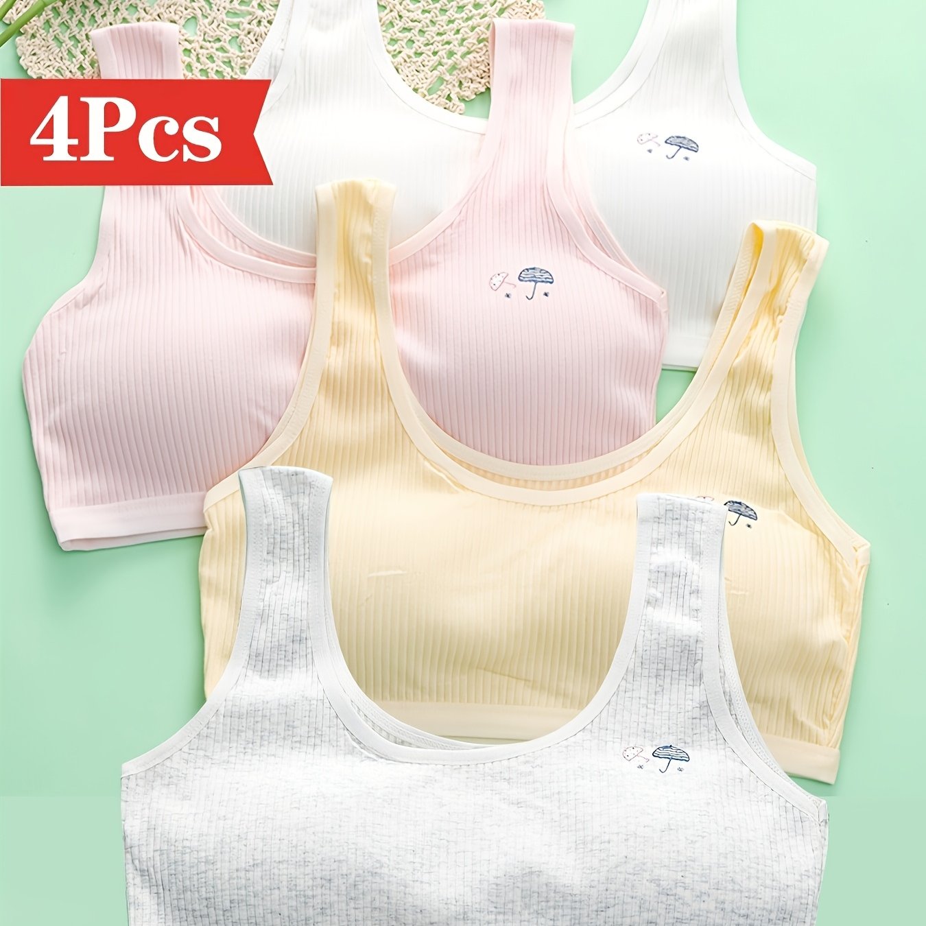 TEMU Random 4pcs, Girls' Training Bras, Seamless Girls' Bras, 7-12 Years Old. Soft And Breathable Letter-shaped Back Sports Bras, Extremely Comfortable, With Cartoon Patterns.