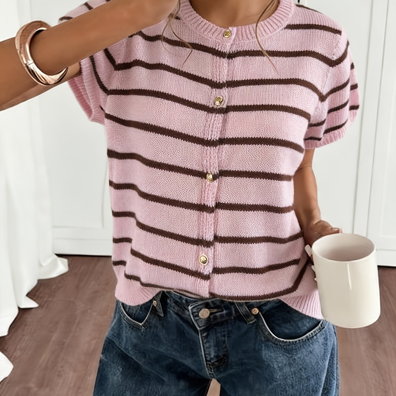 TEMU Lightweight Women's Short-sleeve Cardigan, Featuring Low- Pink-brown Striped Coloring That Brightens Complexions And Suits Tones. Designed With