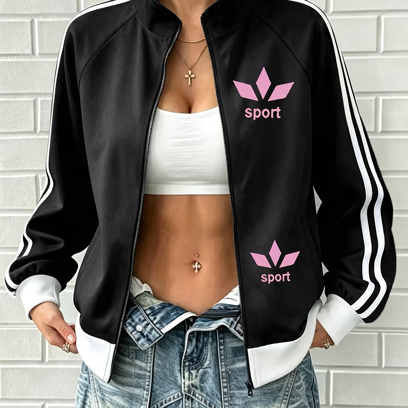 TEMU Women's Casual Lightweight And Comfortable Striped Letter Print Jacket For Autumn/winter, Four-season Open Front Fashion Zipper Stand Collar