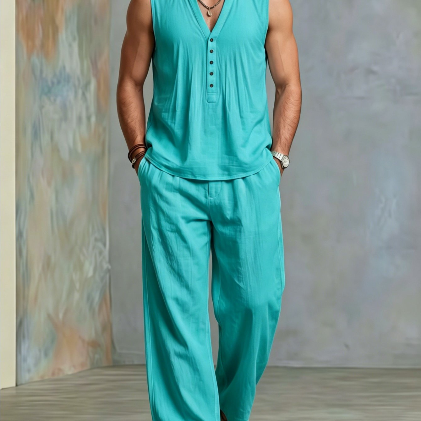 Image of Summer Men's Set Sleeveless V-neck Henley Button Shirt Loose Wide-leg Pants 2pcs Casual Outfit