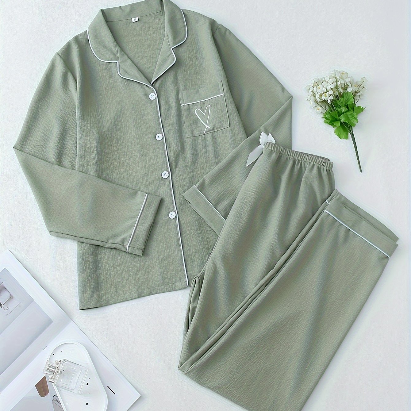 TEMU Ensemble Pyjama Femme à Col Brodé Cœur Uni