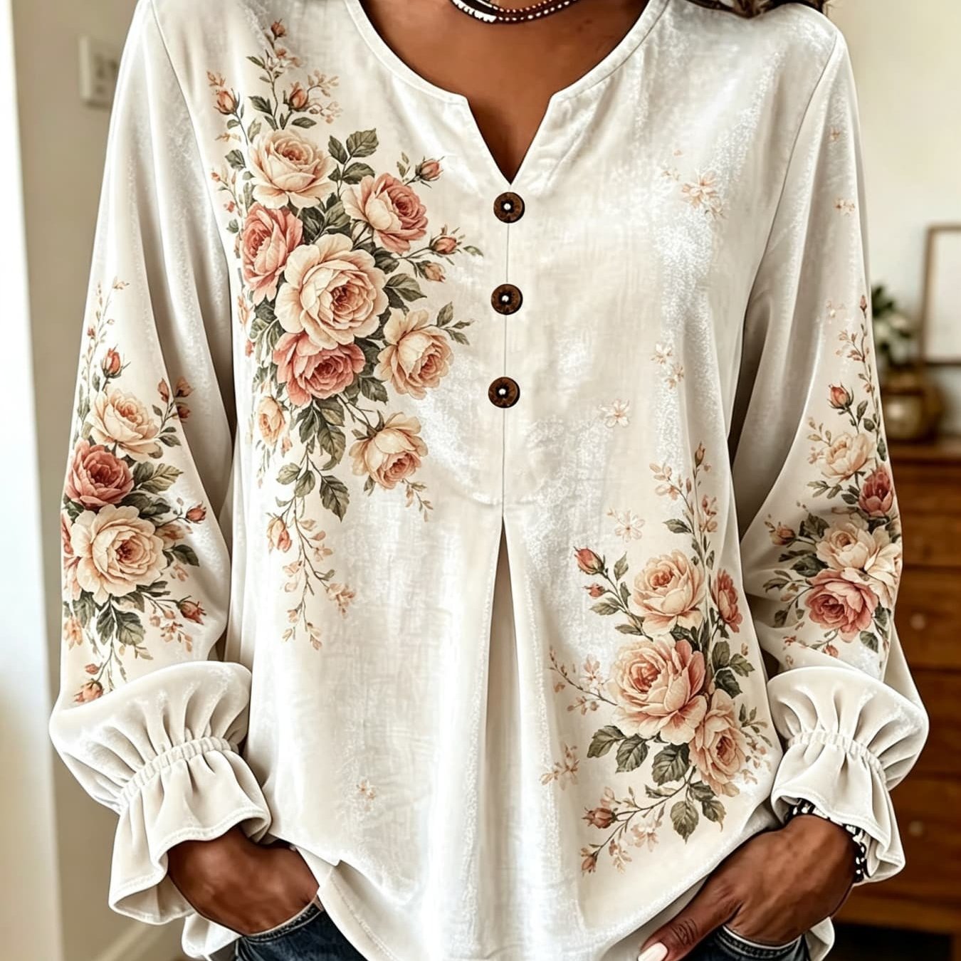 Image of Plus Size, Large Size Women, Suitable For Autumn, Retro Rose Flower Print Velvet Long-sleeved Jumper, Henry Neck Decorative For Lotus Leaf Closure Sleeve, Elegant And Comfortable