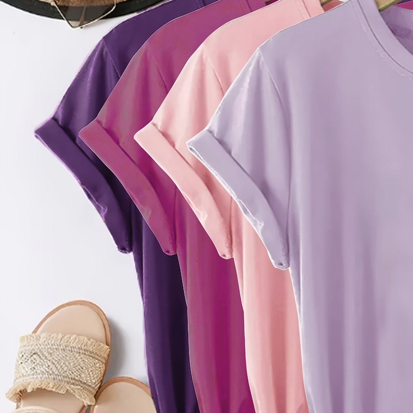TEMU 4pcs Set Casual Short Sleeved Candy Color Solid Color T-shirts | Elegant Deep Purple, Pink, Dark , Light Blue, Comfortable Fabric, Basic Women's