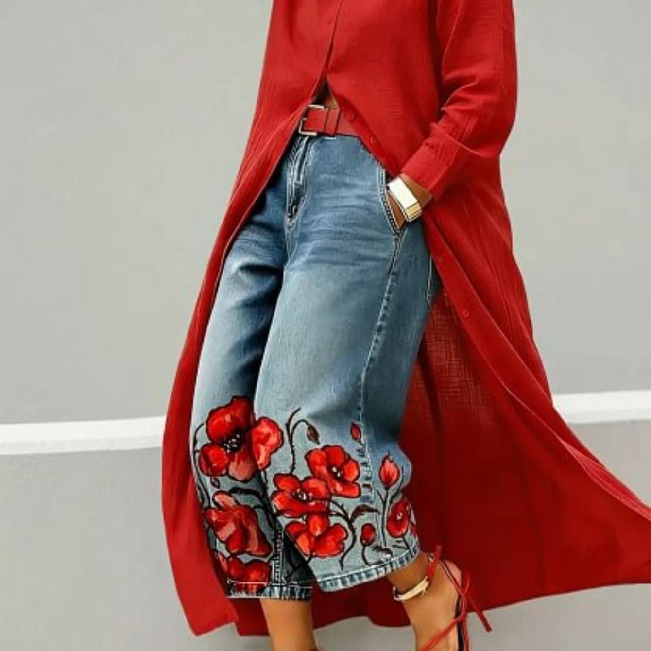 Image of Women's Plus Size , Casual Fashion Printed Cropped Pants, Loose Fit Trousers, Bohemian Style, High-waisted Jeans With Pockets