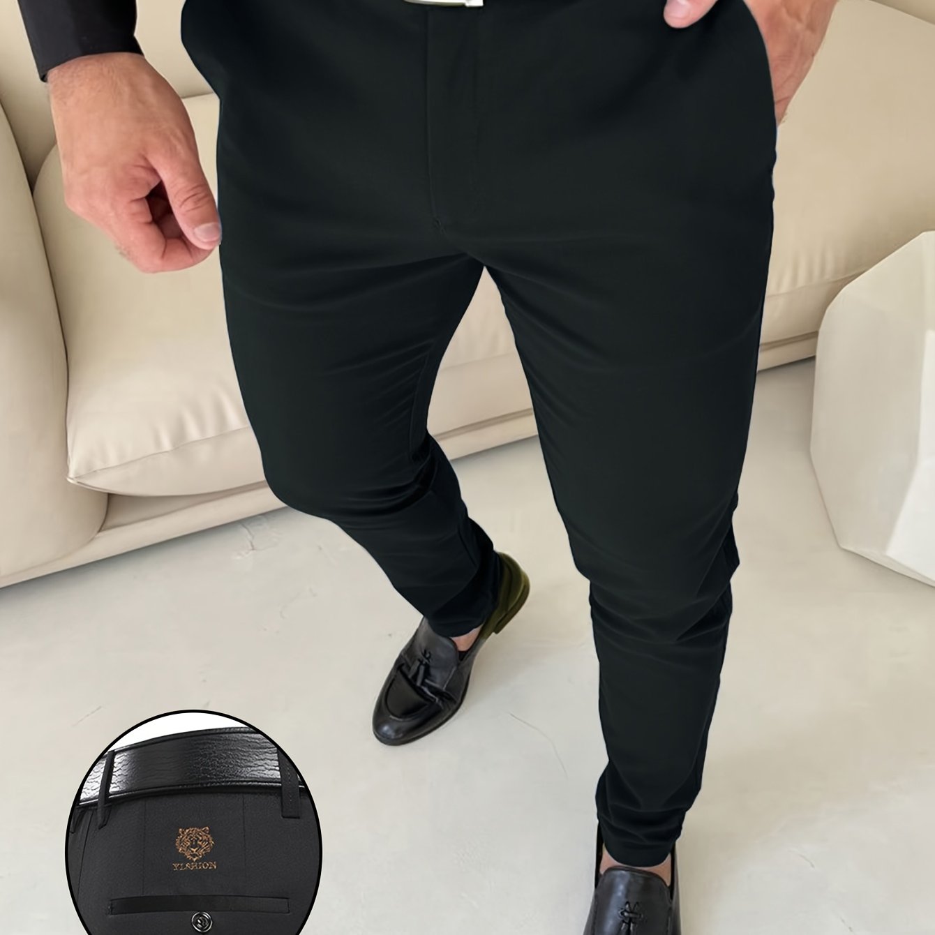 TEMU Men's Casual Dress Pants - Stretch Polyester-spandex Blend, Embroidered Tiger Animal Pattern, Soft Comfortable Fabric, Suitable For Office,