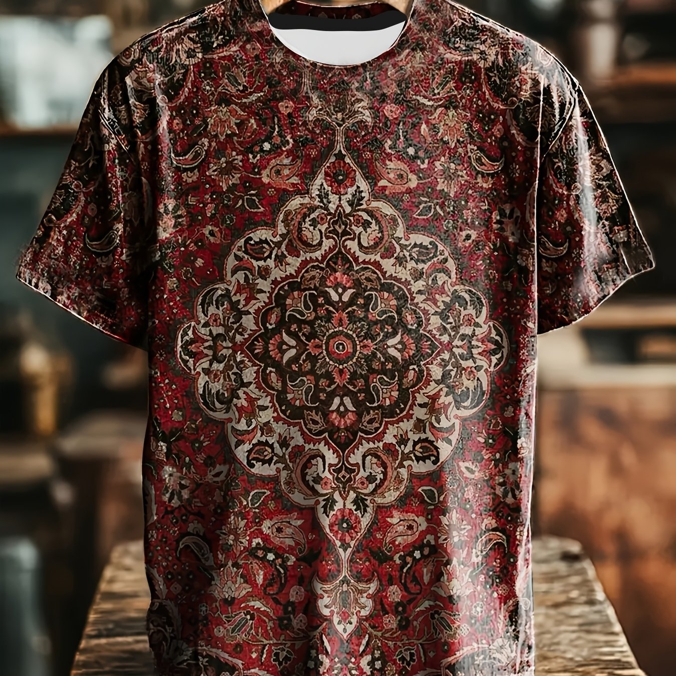 TEMU [print Design - Not Textured] 2026 Spring/summer Men's Textured T-shirt, Retro Totem Print Trendy, Quick-dry Skin-friendly Breathable, Suitable