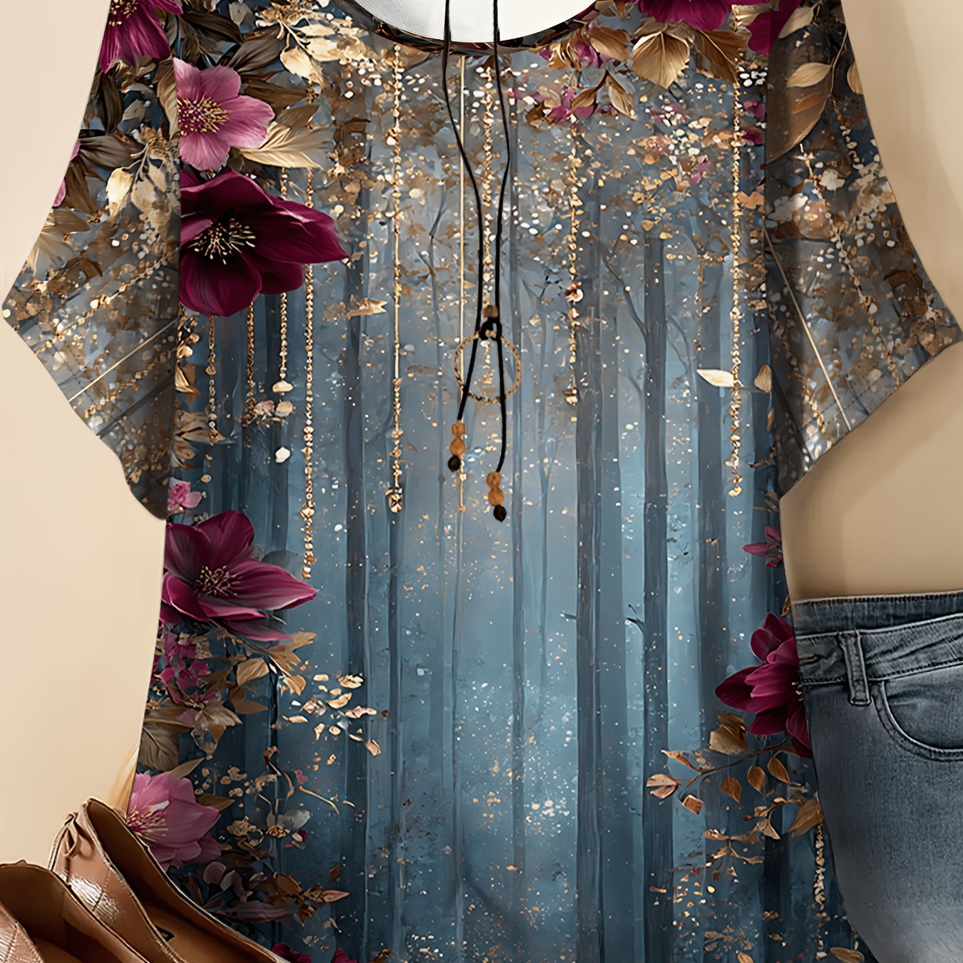 TEMU Plus-size Women's T-shirt Featuring An Full-print Design Of . The Is With Extending Trunks, Accented With A Large Dark Purple Flower And Leaves