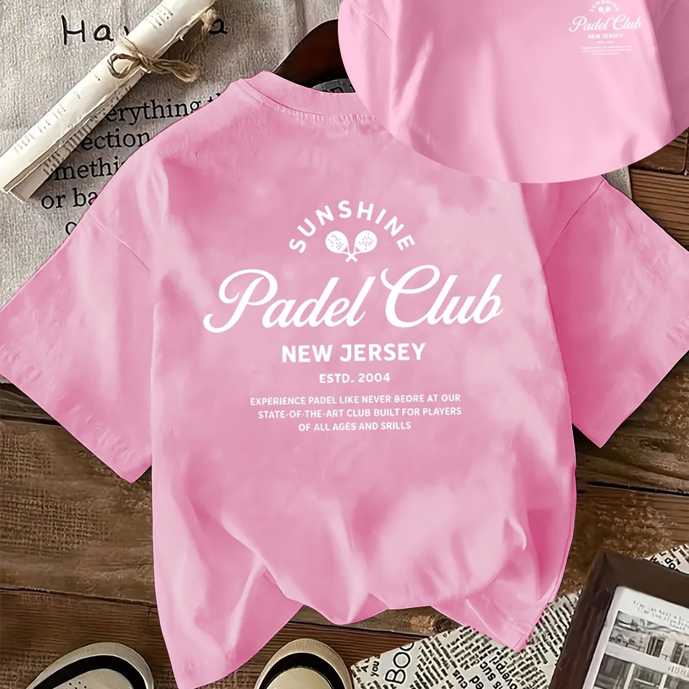 TEMU This Short-sleeved Round-neck Casual Top Features A Double-sided Print, With The Front Displaying The Words 'sunshine ' Along With A Racket