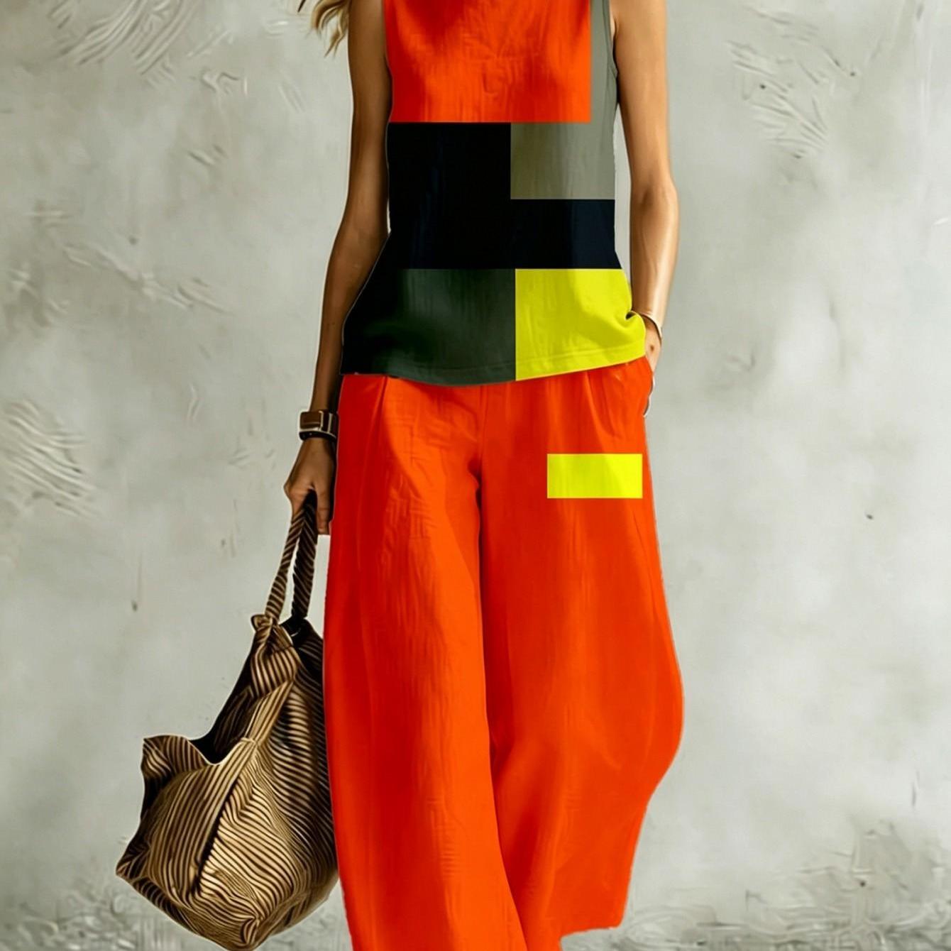 Image of New Women's Summer Clothing: Top And Pants Set Block Color Geometric Print Summer Women's Vest Set Casual Wear Machine Washable Fiber Easy And Two-piece Set 2d Flat Printing Summer