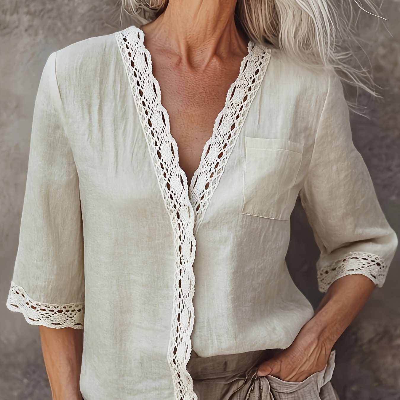 E-shop Neues französisches Retro-Lazy-Style Leinen-Top mit Struktur für Frühling und Sommer, Spitzen-Patchwork V-Ausschnitt 3/4 Ärmel Shirt, lockerer