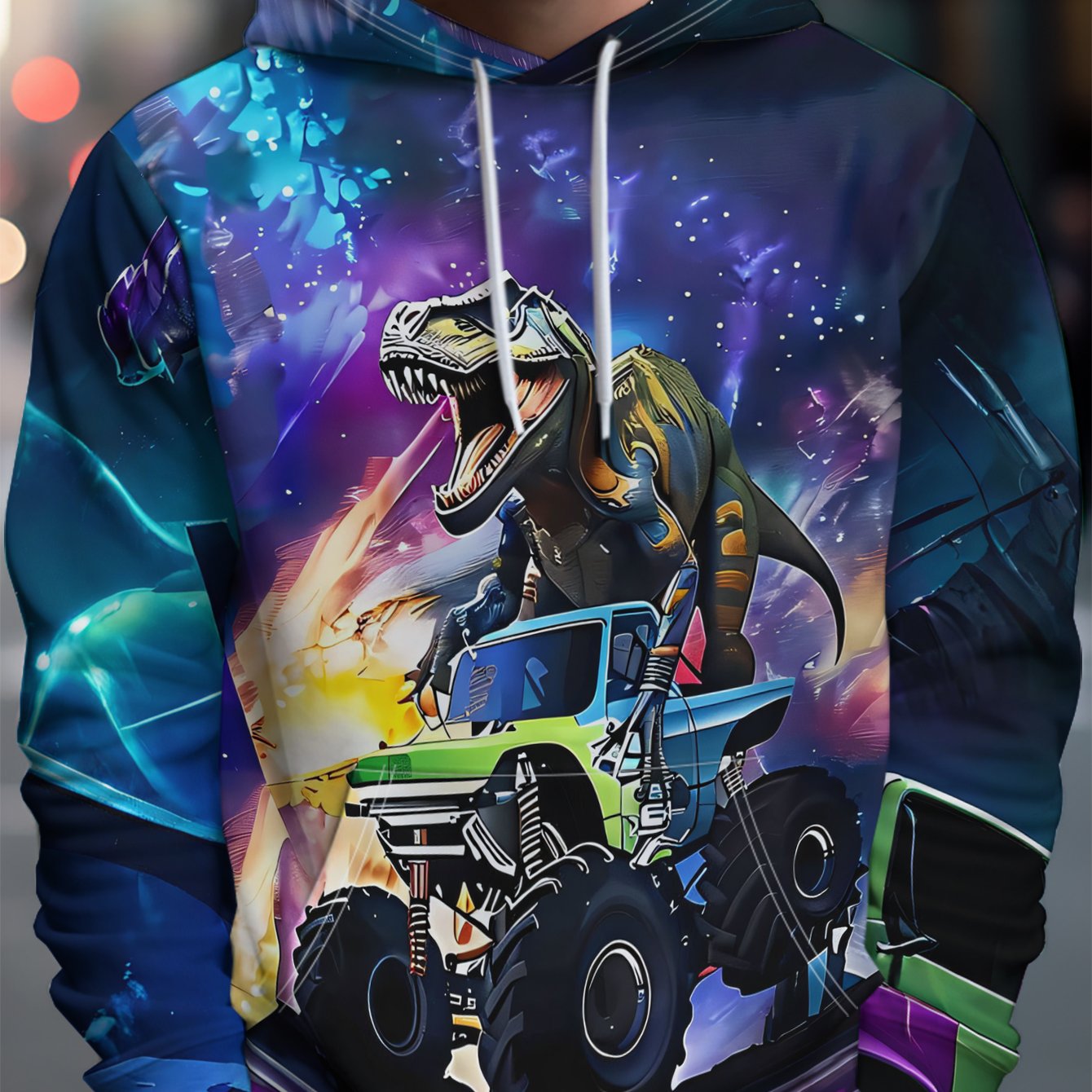 TEMU Men's Interdimensional Dinosaur & Starry Space Print Hooded Sweatshirt - Regular Fit Casual Pullover Sweater With Round Neck, Graphic Streetwear