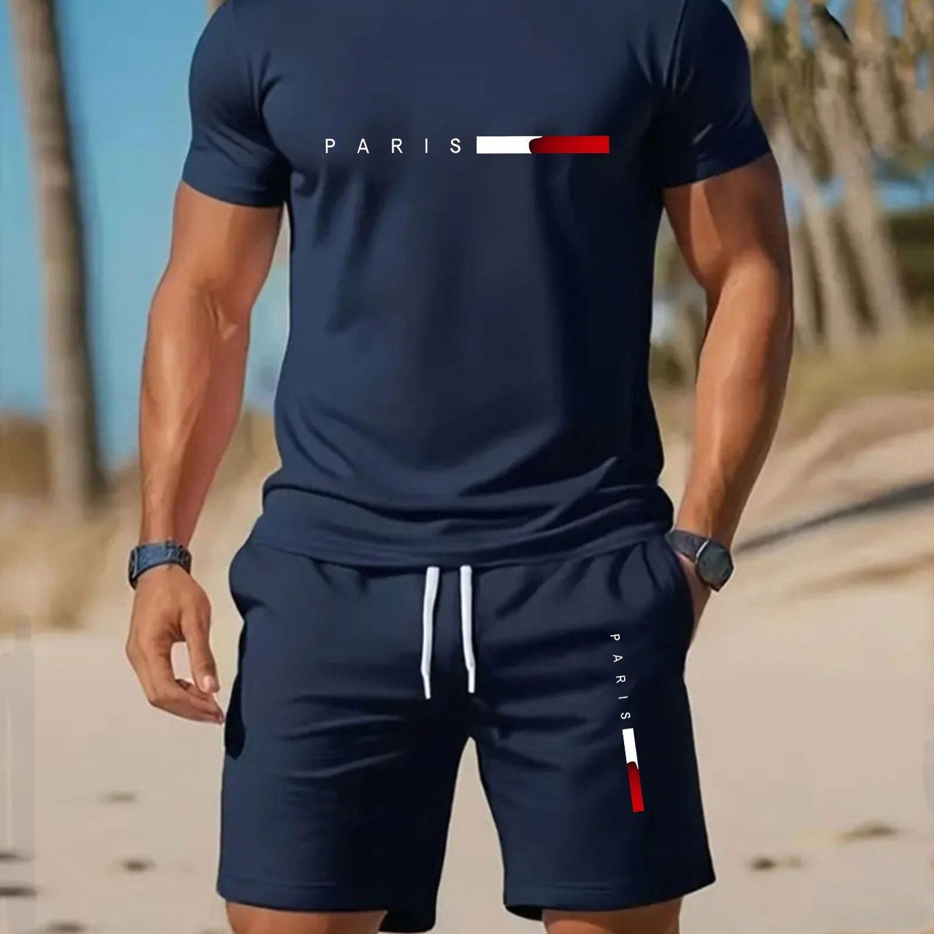 E-shop Beliebte Jugend-Modebekleidungsserie für Europa Amerika im Jahr 2026, Sommer-Herren-Kurzarm-T-Shirt + Shorts mit Gürtel, einfaches 2-teiliges