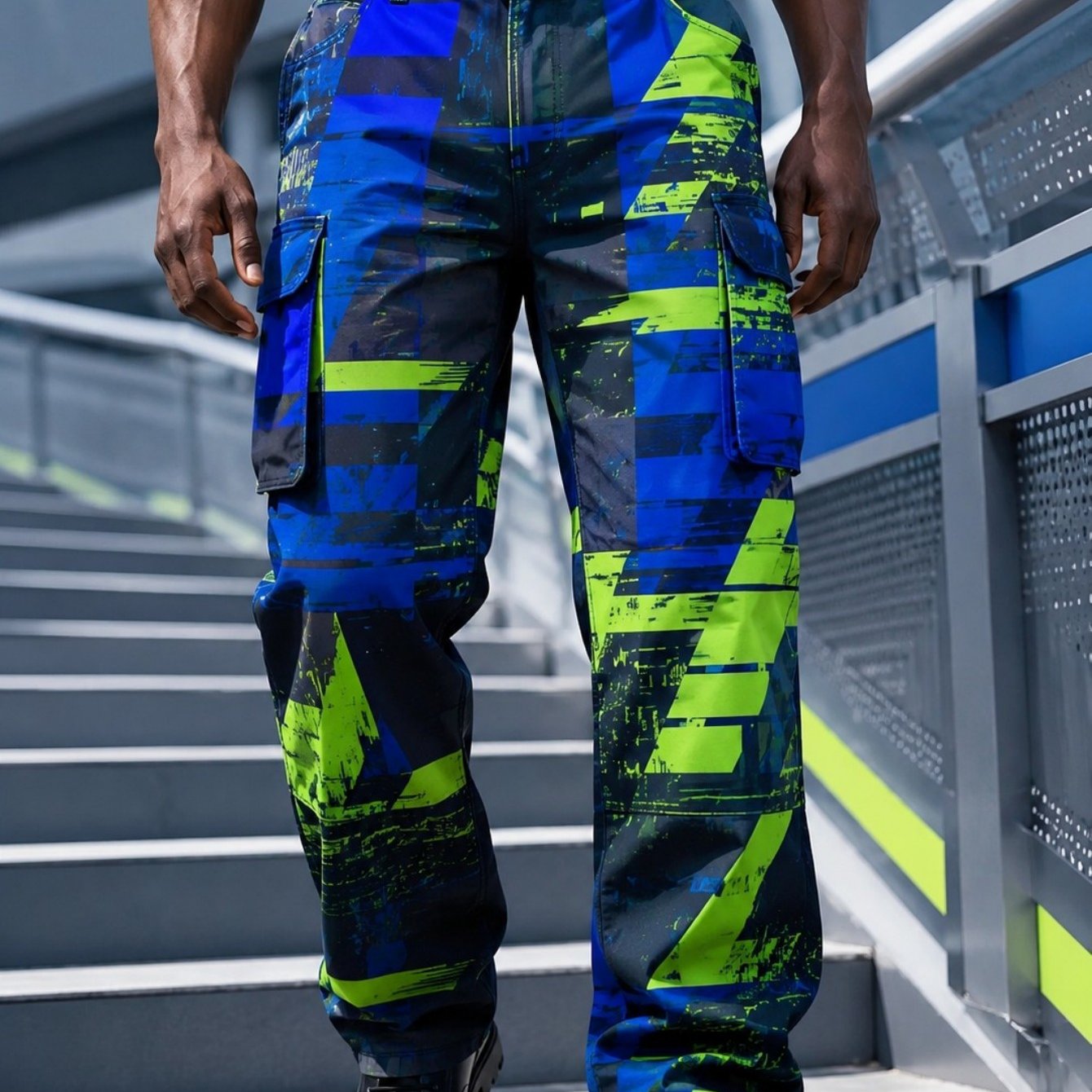 Image of Plus Size Men's Cyberpunk Print Cargo Pants, Loose Multi-pocket Casual Trousers For Spring And Autumn, Breathable And Comfortable For Everyday Street Wear