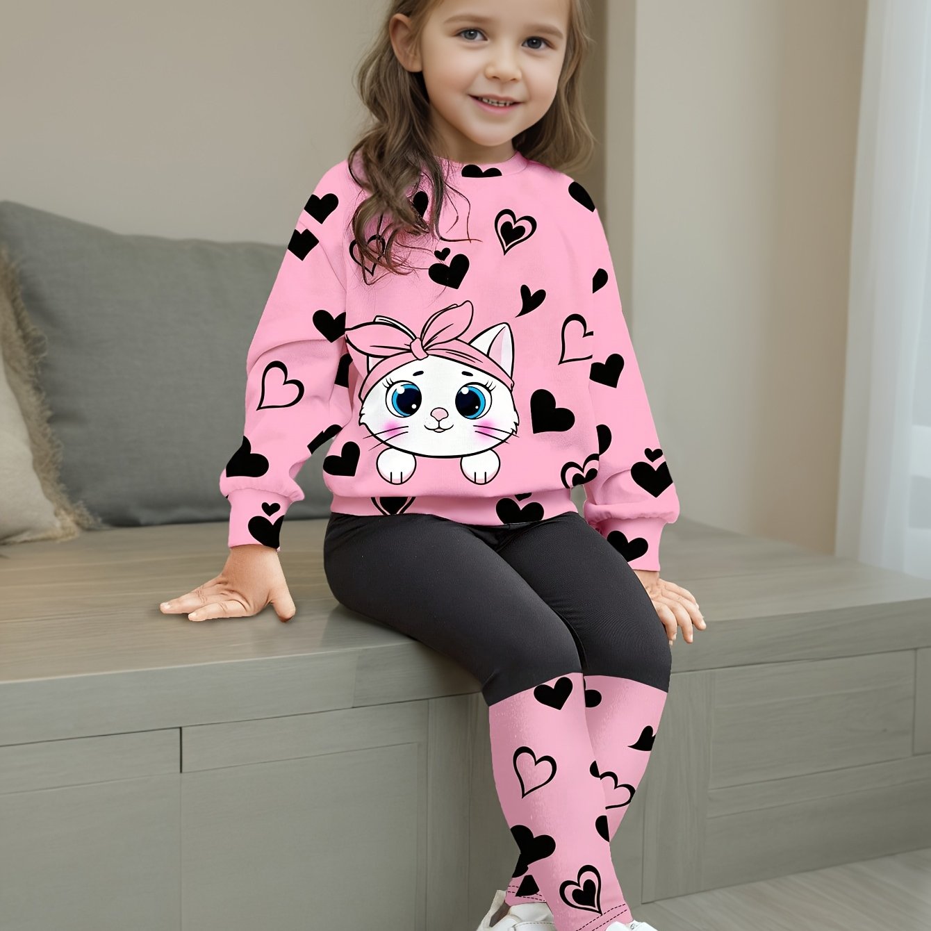 Girls' Summer New Arrival Long Pants Set, Fashionable Heart Print Round Neck Long Sleeve T-shirt + Casual Base Layer Spliced Long Pants, Cute Kitten Pattern 2pcs Set For Girls, Perfect For Outdoor