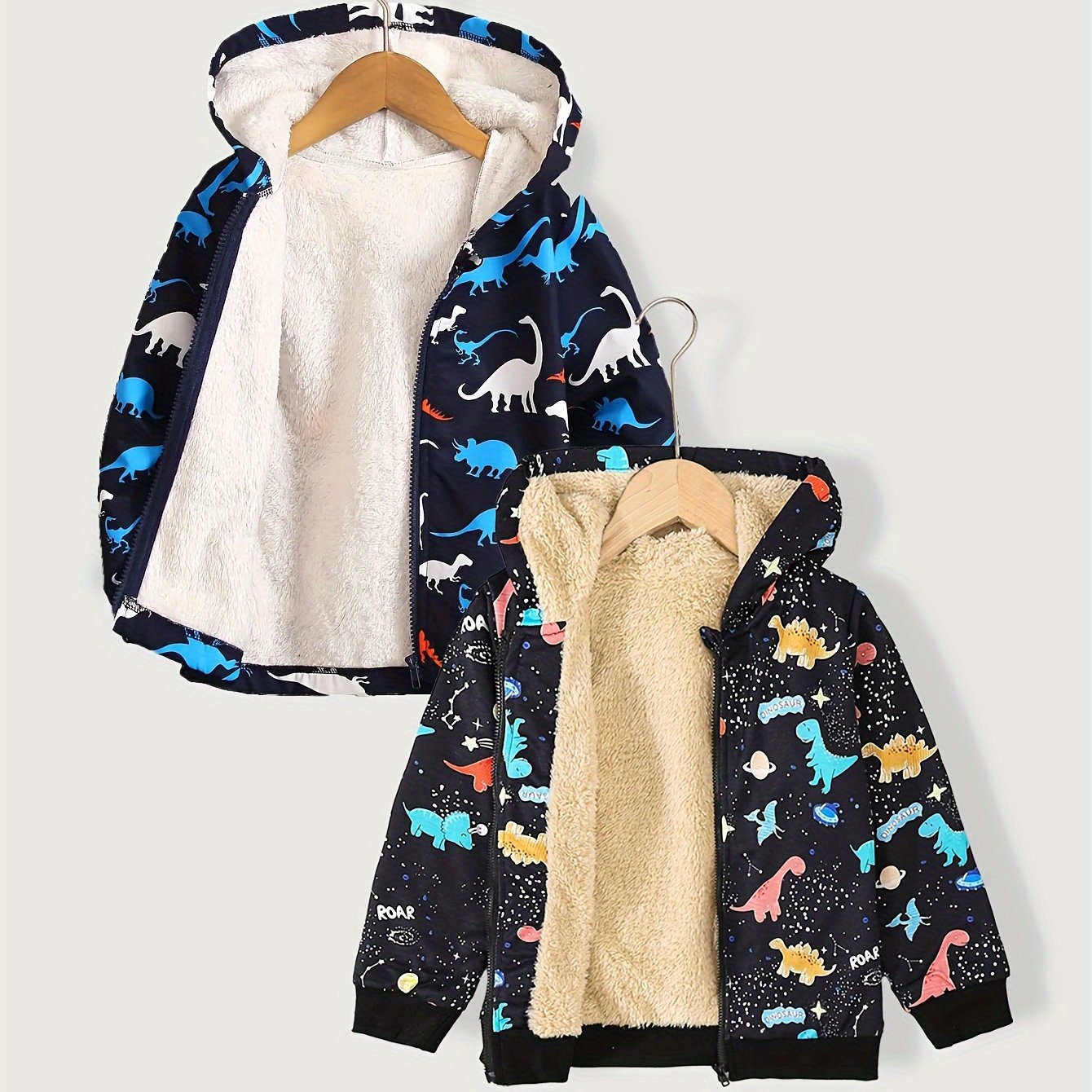 Boys' 2pcs Dinosaur Print Fleece-lined Hooded Jackets - Casual, Machine Washable For Fall/winter