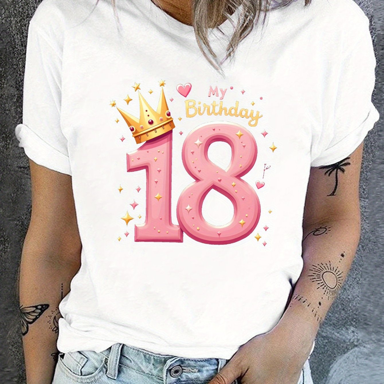 TEMU T-shirt Imprimé Couronne pour Mon 18e Anniversaire, Haut Décontracté à Manches Courtes et Col Rond pour l'Été & , Vêtements pour Femmes