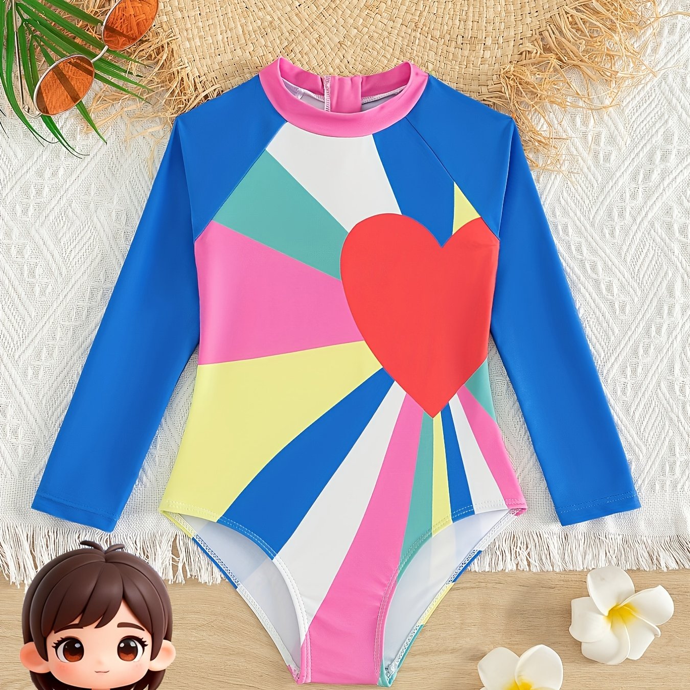 Image of Girls' Large Heart -piece Swimsuit Multicolor Long Sleeve Zipper Style Children's Swimwear