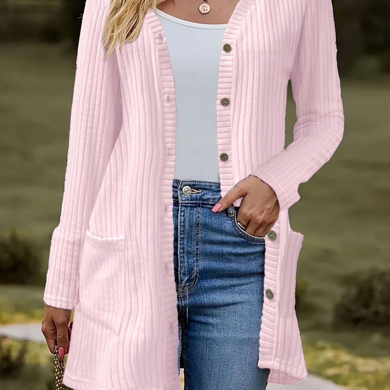 E-shop Plus Size, Herbst Winter Damenmode Pit Unifarben Langarm Holzknopf Cardigan