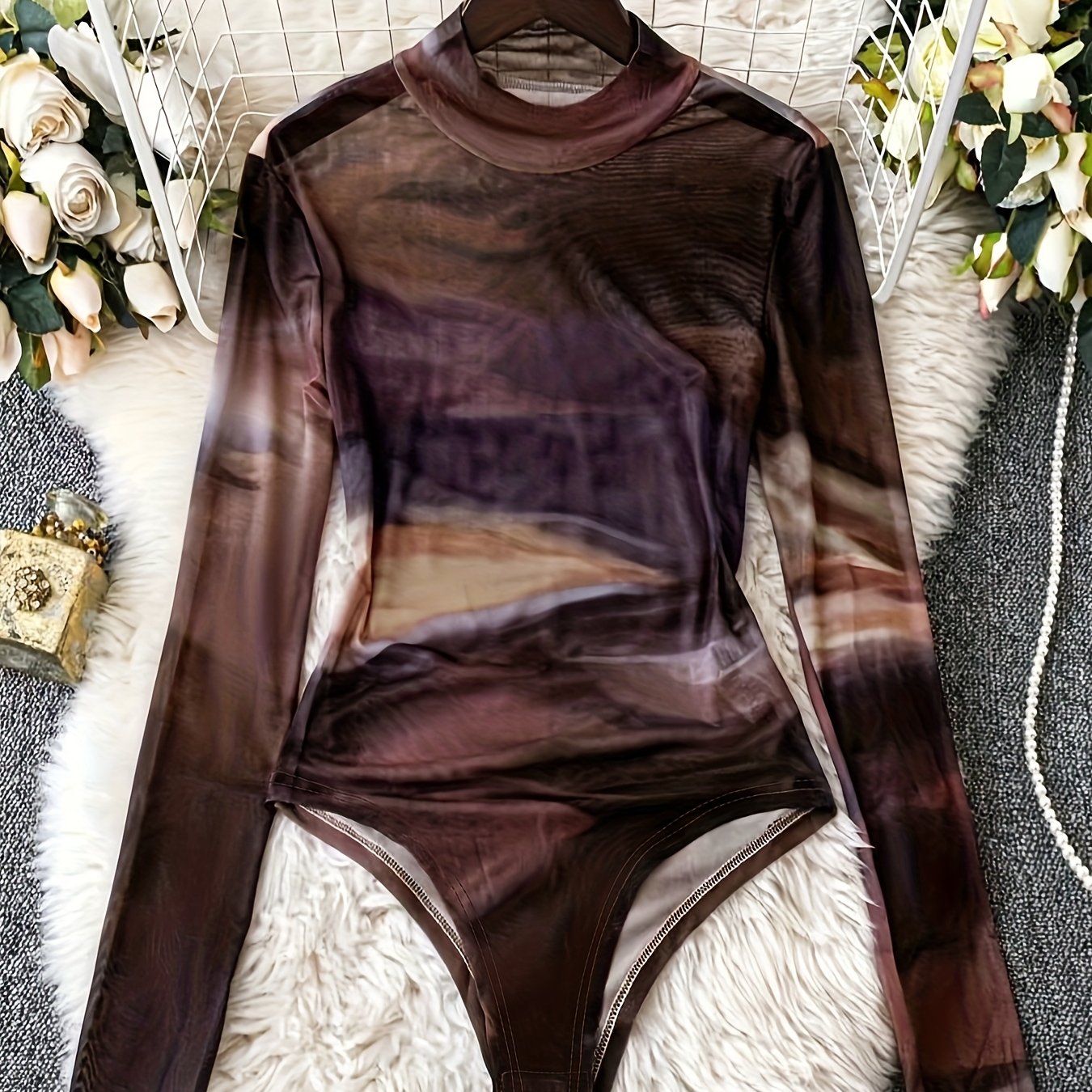 TEMU Womenâs European Style Tie Dye Print Long Sleeve Slim Fit Mesh Bodysuit Y2k