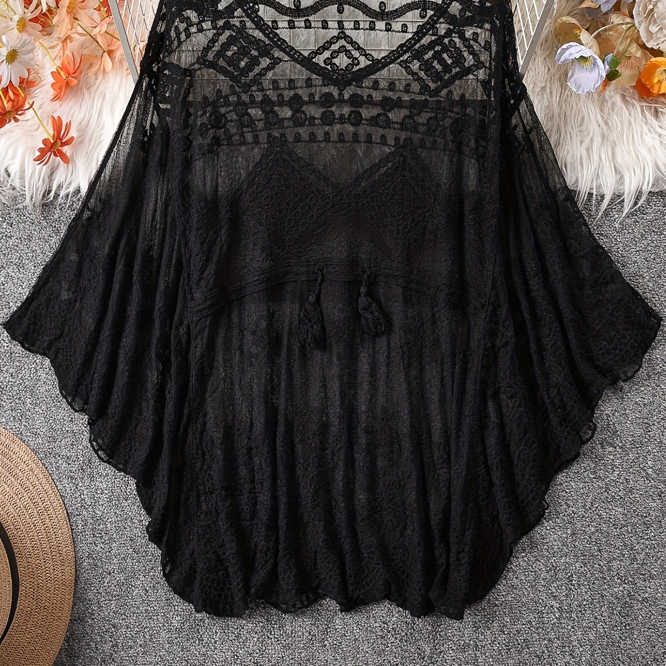 E-shop Bohemian Bestickte Bluse für Damen, Fledermausärmel mit Kordelzug-Taillengürtel, Lockerer Casual-Urlaubsstil, Einfarbige Bestickte Damenbluse