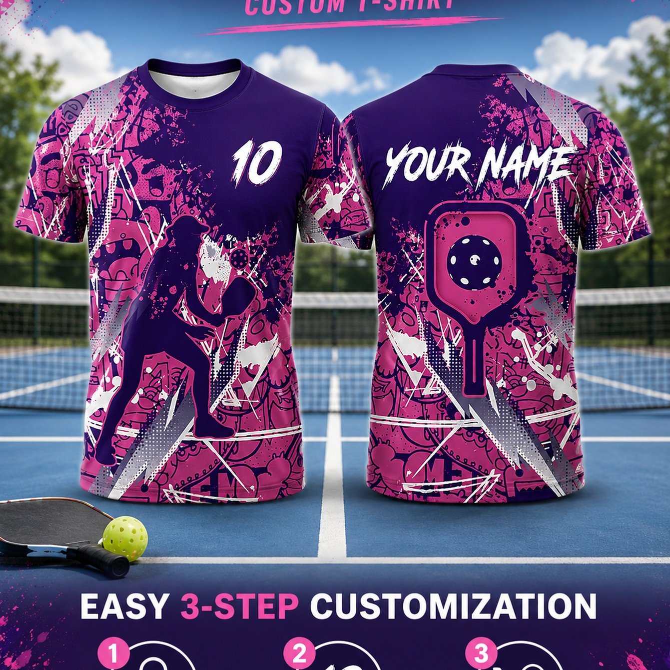 TEMU Men's Custom Pickleball Quick-dry Short-sleeve Shirt, Moisture-wicking Athletic Jersey With Purple-pink Contrast Color Graffiti Ink Splatter