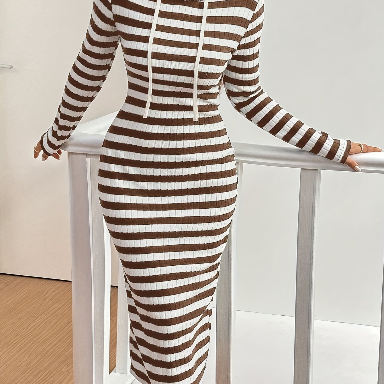 TEMU Elegant Classic Striped Spring Autumn Long Sleeve Drawstring Hooded Long Dress