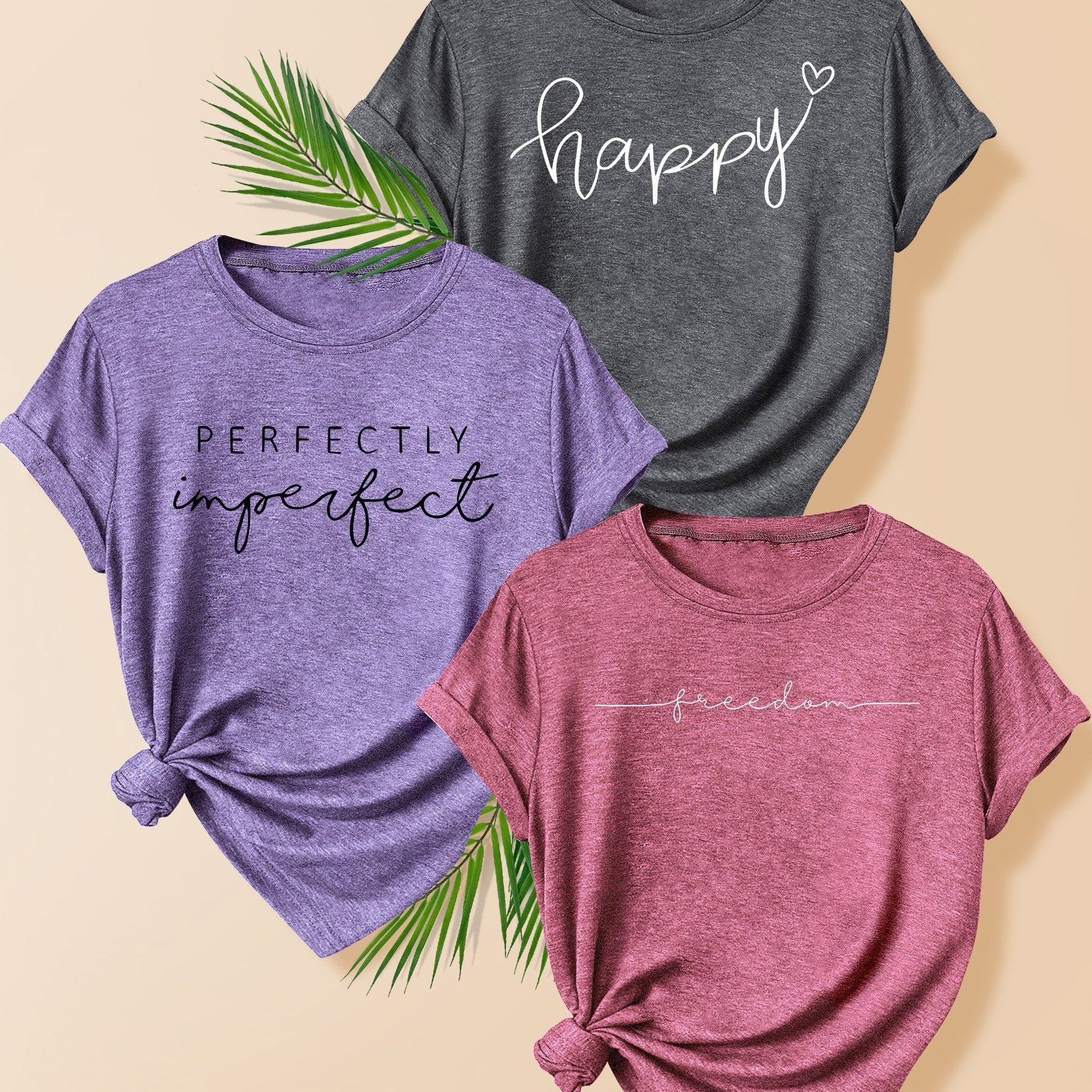 TEMU 3pcs Vintage Line Hearts Print Graphic T Shirt, Breathable Short Sleeve Crew Neck Summer Tee, Women's Top