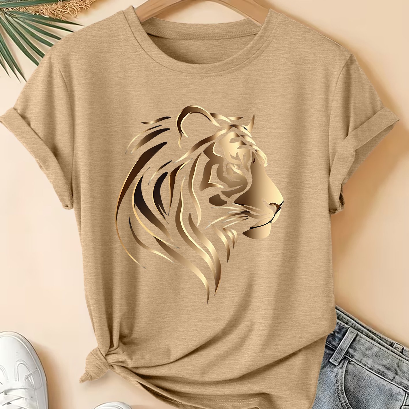 TEMU T-shirt Vintage à Imprimé Tigre pour Femme - Visage de Tigre Doré, Convient pour de Sport, l'Entraînement et les Tenues Décontractées, Coupe ,