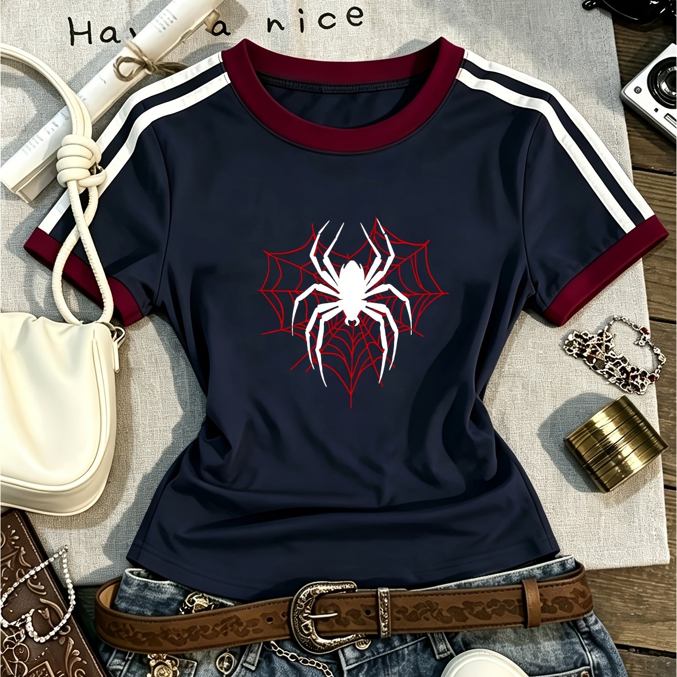 TEMU T-shirt créatif à manches courtes pour femme avec motif imprimé araignée, style printemps/été pour S, campus et streetwear décontracté, pièce