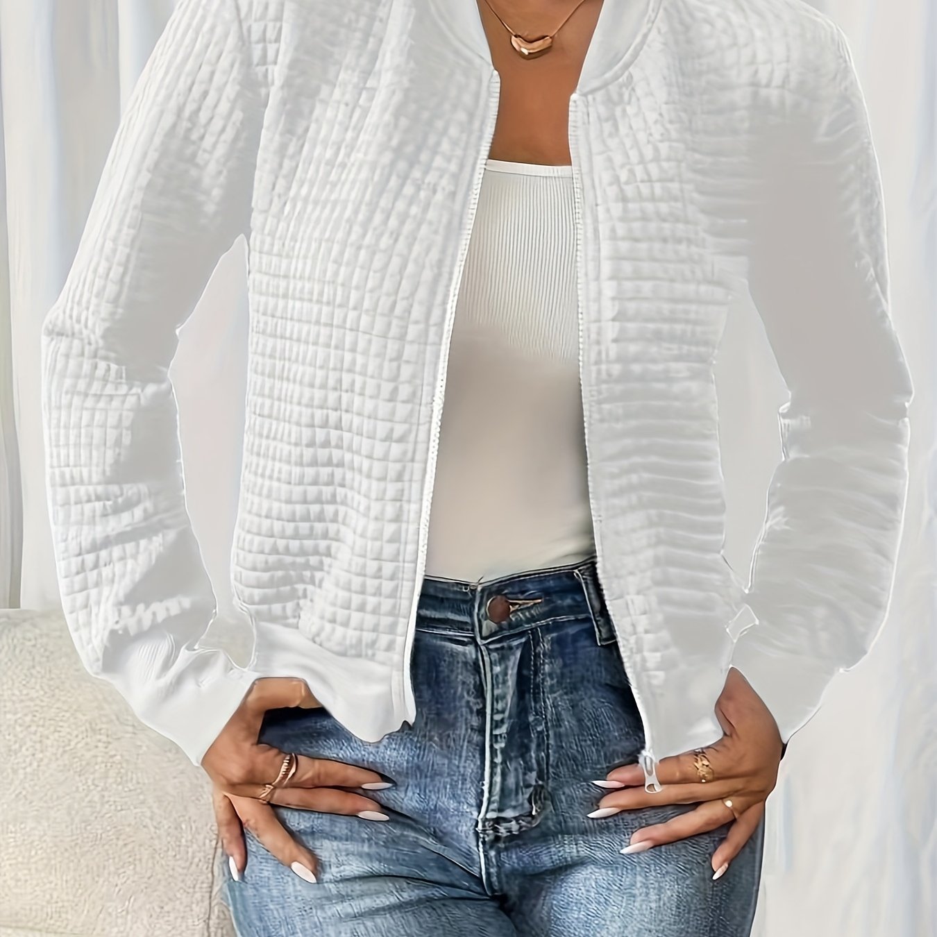TEMU Spring And Autumn Waffle Zip-up Cardigan Casual Baseball Jacket