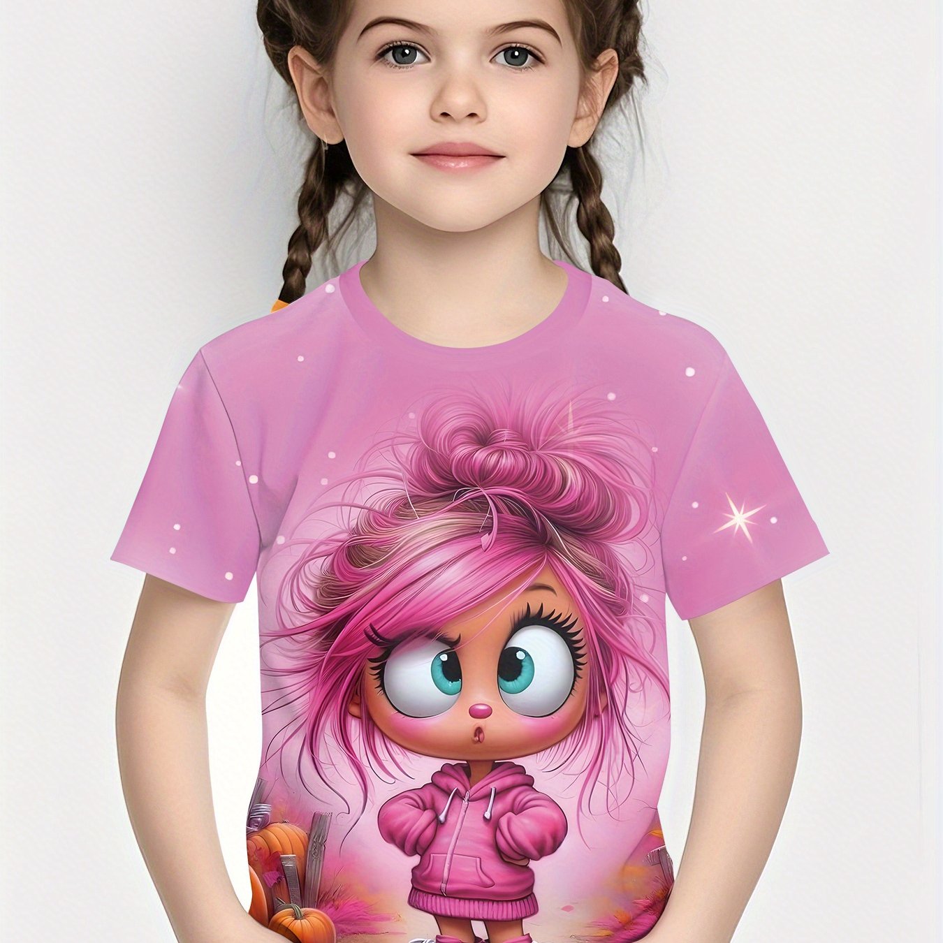 Girls' 3d Print Cartoon Girl Graphic T-shirt - Pink Short Sleeve Summer Tee With Sparkles, Casual Outdoor Playwear For , Cute Round Neck Design, Perfect For Outdoor