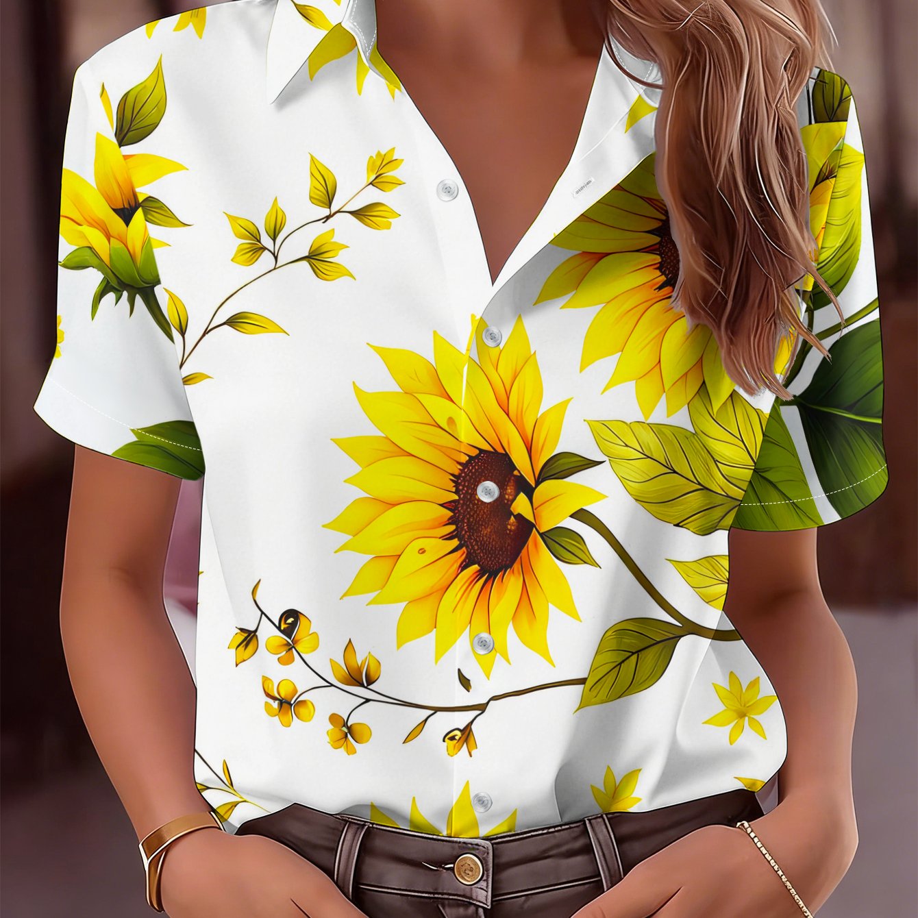 TEMU Women's Casual Short Sleeve Shirt, White Background With And Emerald Green Leaves, Small Yellow Flowers, Machine Washable Women's Top,