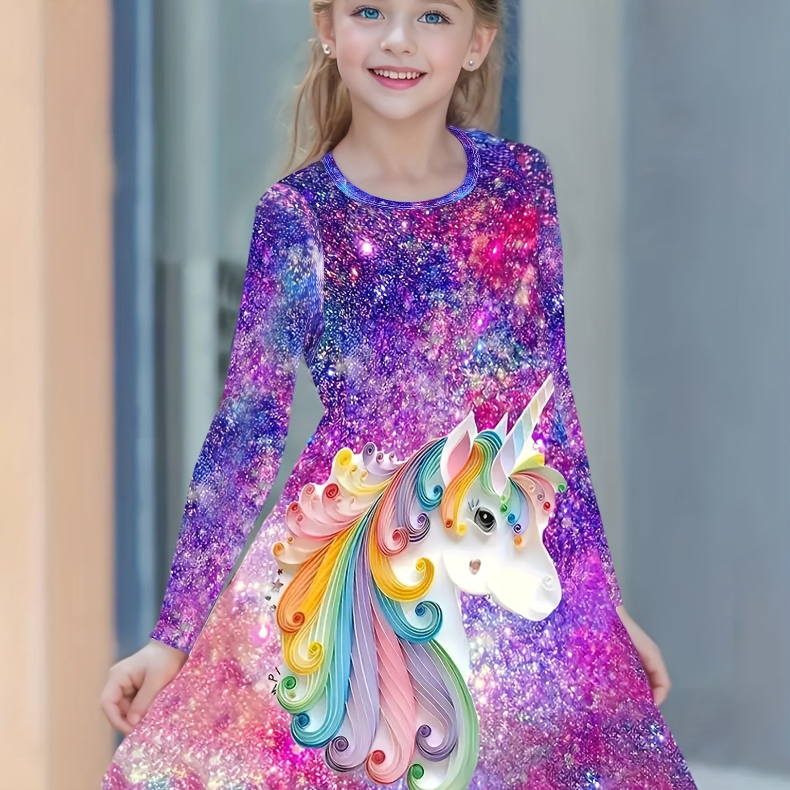 Image of Girls' Casual Dress, Number Print Starry Round Neck Long Sleeve Dress, Fashion ' Dress