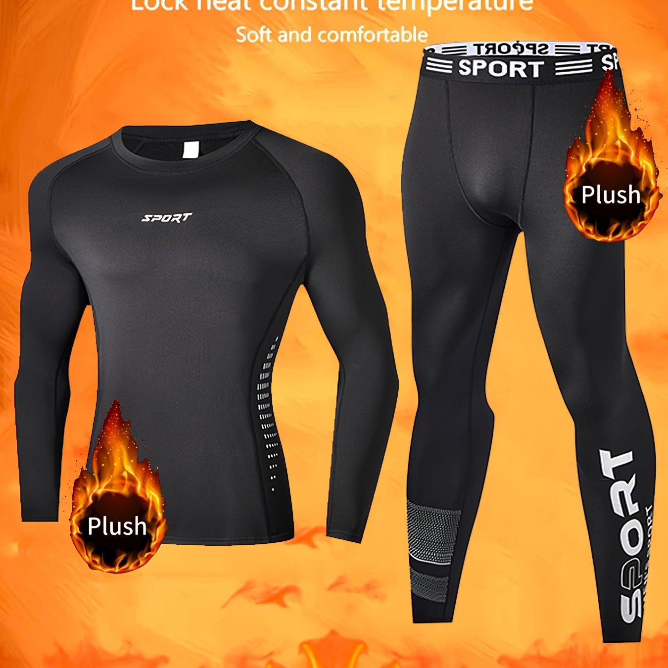 TEMU Ensemble de base thermique en peluche pour hommes, idéal pour l'hiver, vêtements de sport de course épaissis à séchage rapide, justaucorps de