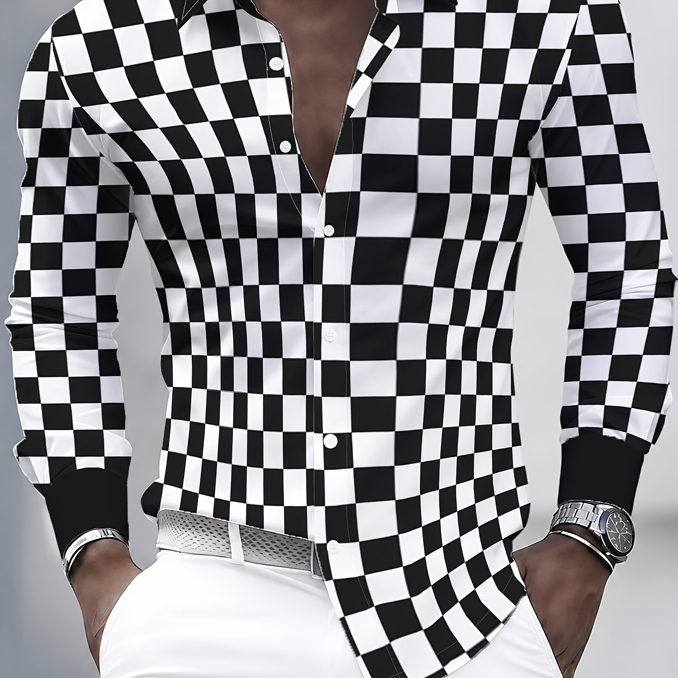 TEMU Men's Long-sleeve Shirt - Classic Button-up Black And White Checkered With Irregular Cut-out Design , Versatile Apparel, Simple And Elegant