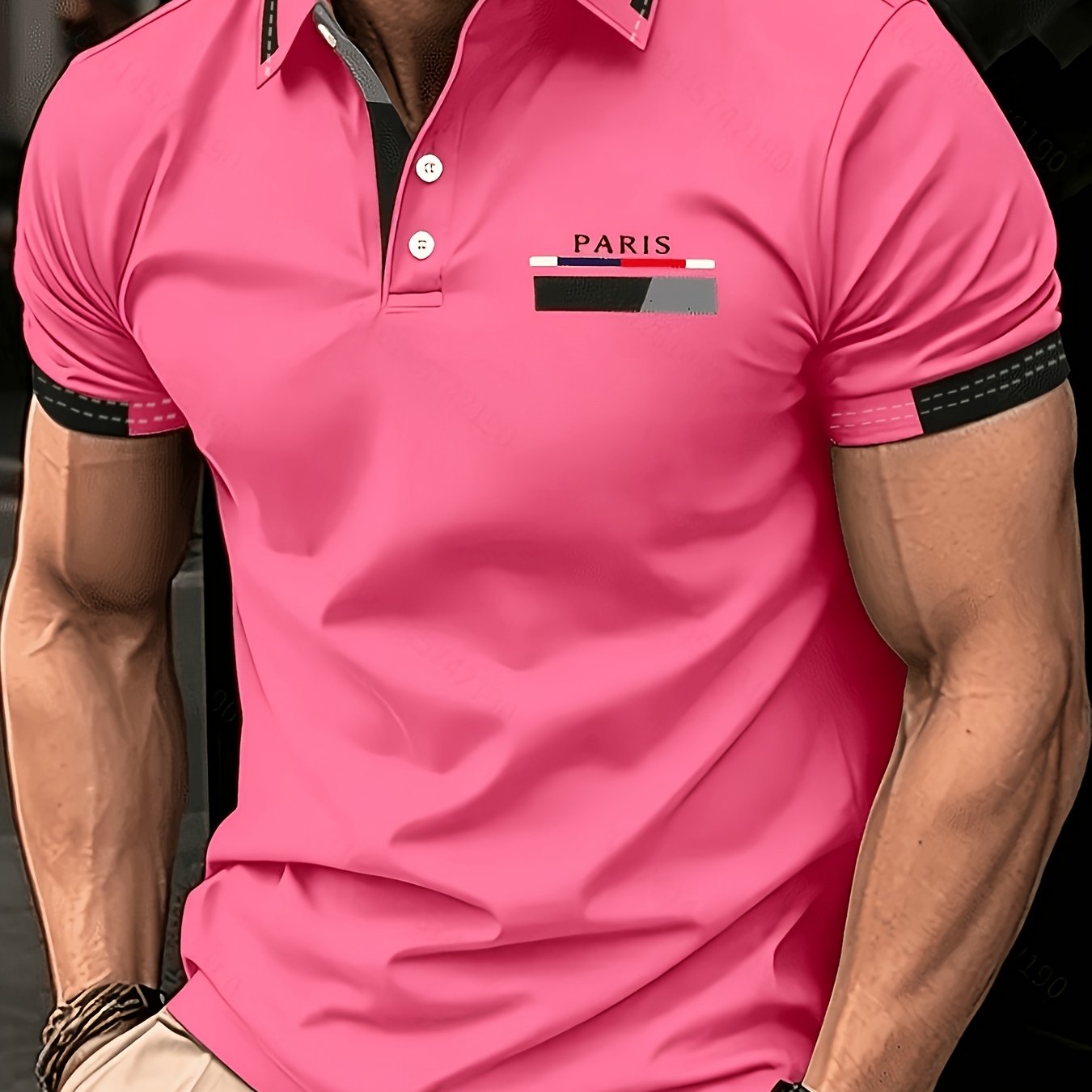 TEMU Summer Fashion Men's Button-up T-shirt Solid Color Chest Icon Pattern Men's Lapel Short Sleeve Casual