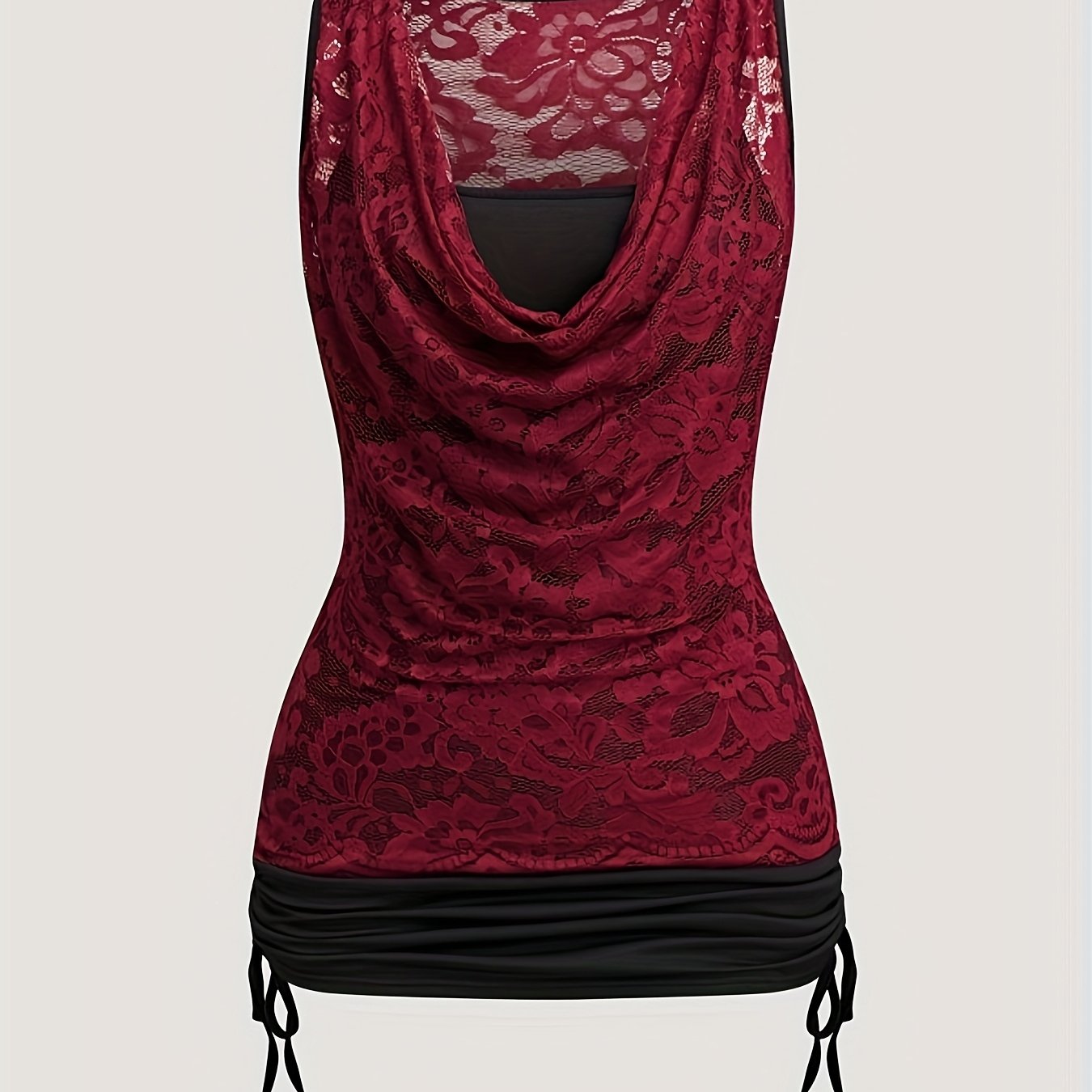 Image of Fashion Women's Lace Ruffle Neck Sleeveless 2-in-1 Look Drawstring Hem Vest