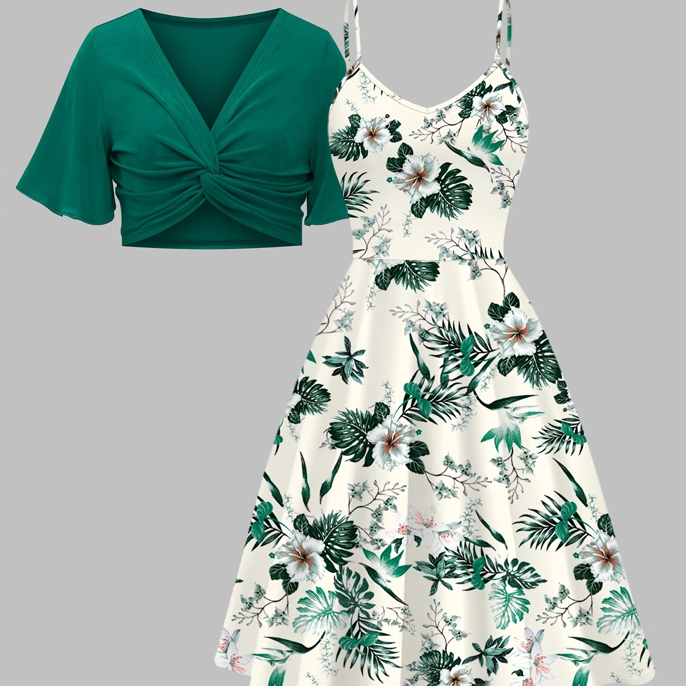Image of Women's Elegant Skirt Suit Green Short Sleeve V-neck Twist Decoration Top Plant Print Suspender Dress Two-piece Home Casual