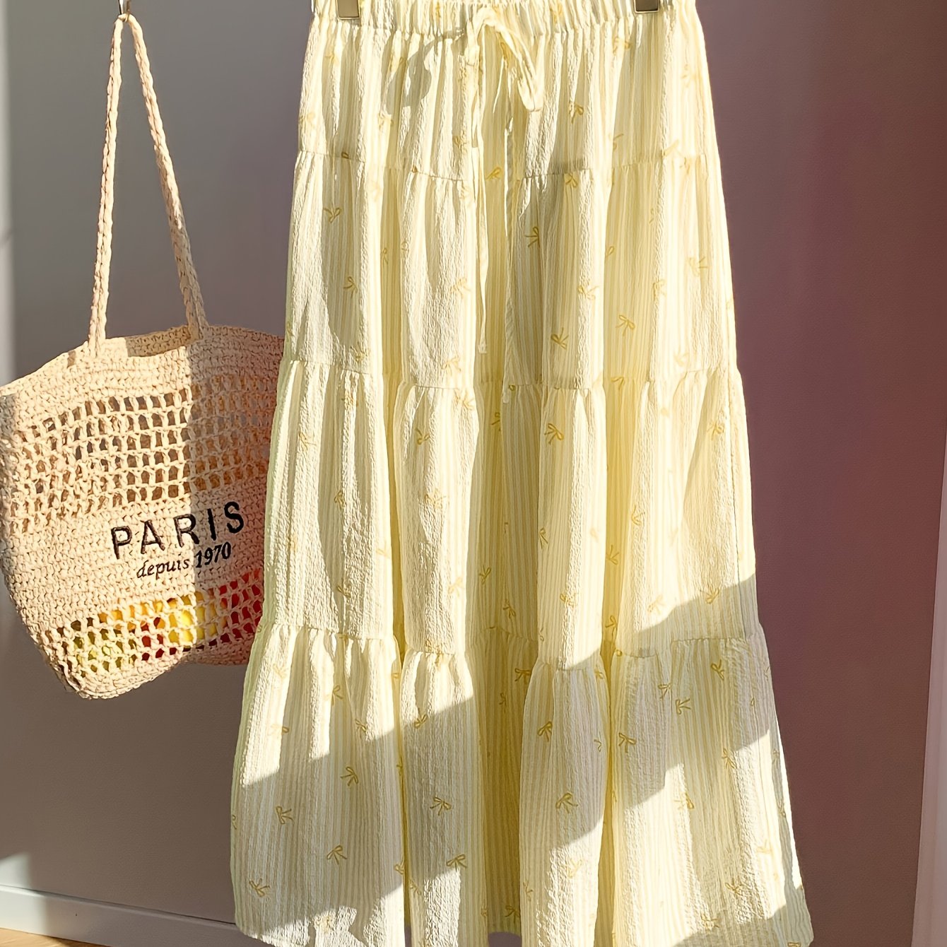 Image of Summer Midi Skirt With Elastic Waist And Drawstring, Perfect For Romantic Dates And Vacations, And Cute , Comfortable And Flowy Fabric