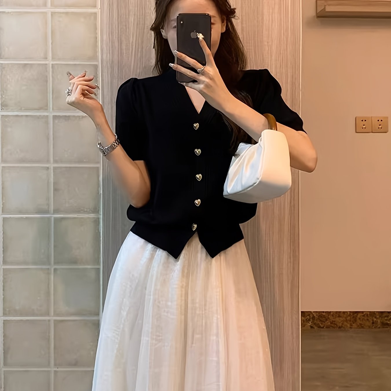 TEMU 여성용 브이넥 메탈 하트 버튼 반팔 가디건, 우아한 얇은 상의