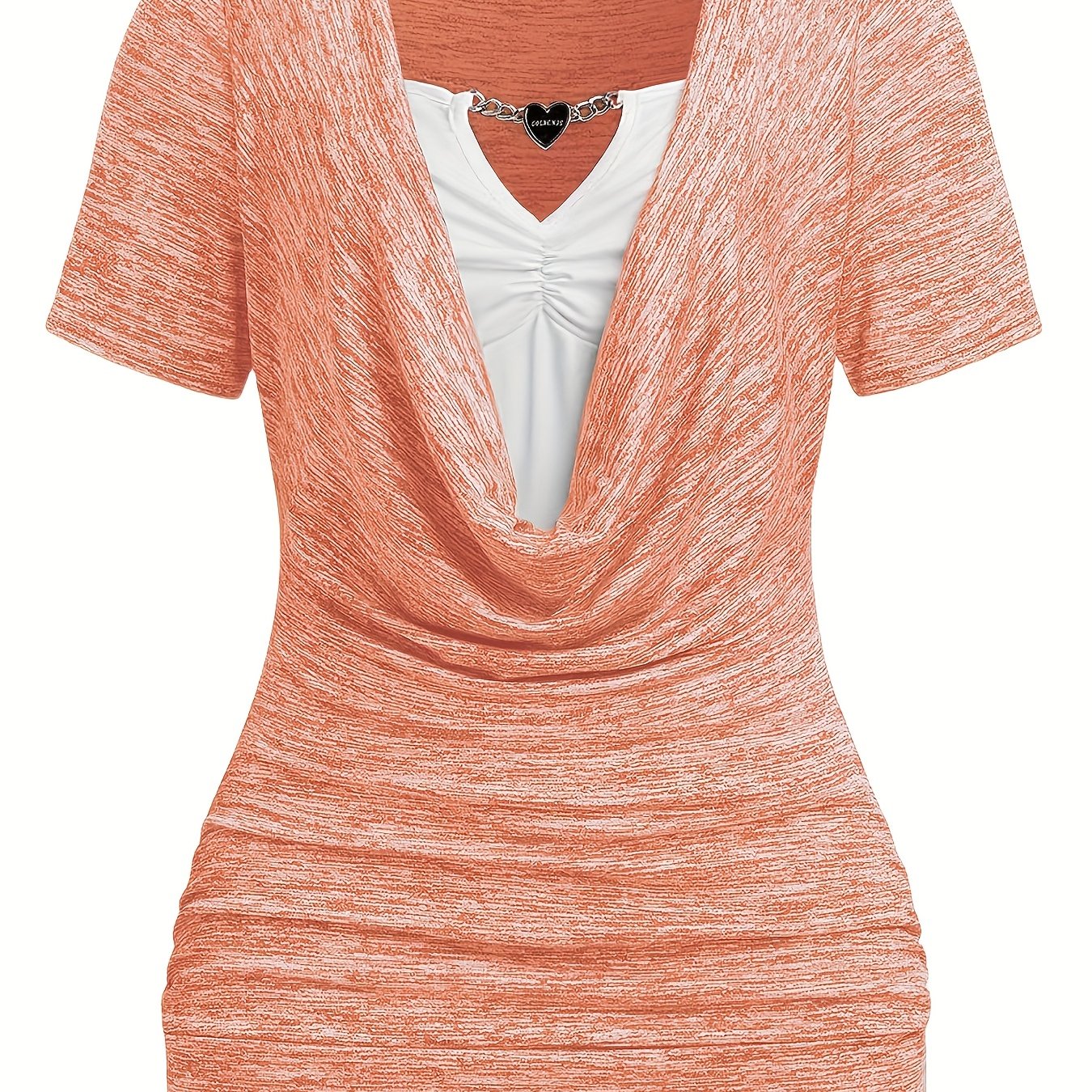 Image of Women's Chain Spliced Pleated Texture Casual Summer Short Sleeve -in-1 Look T-shirt