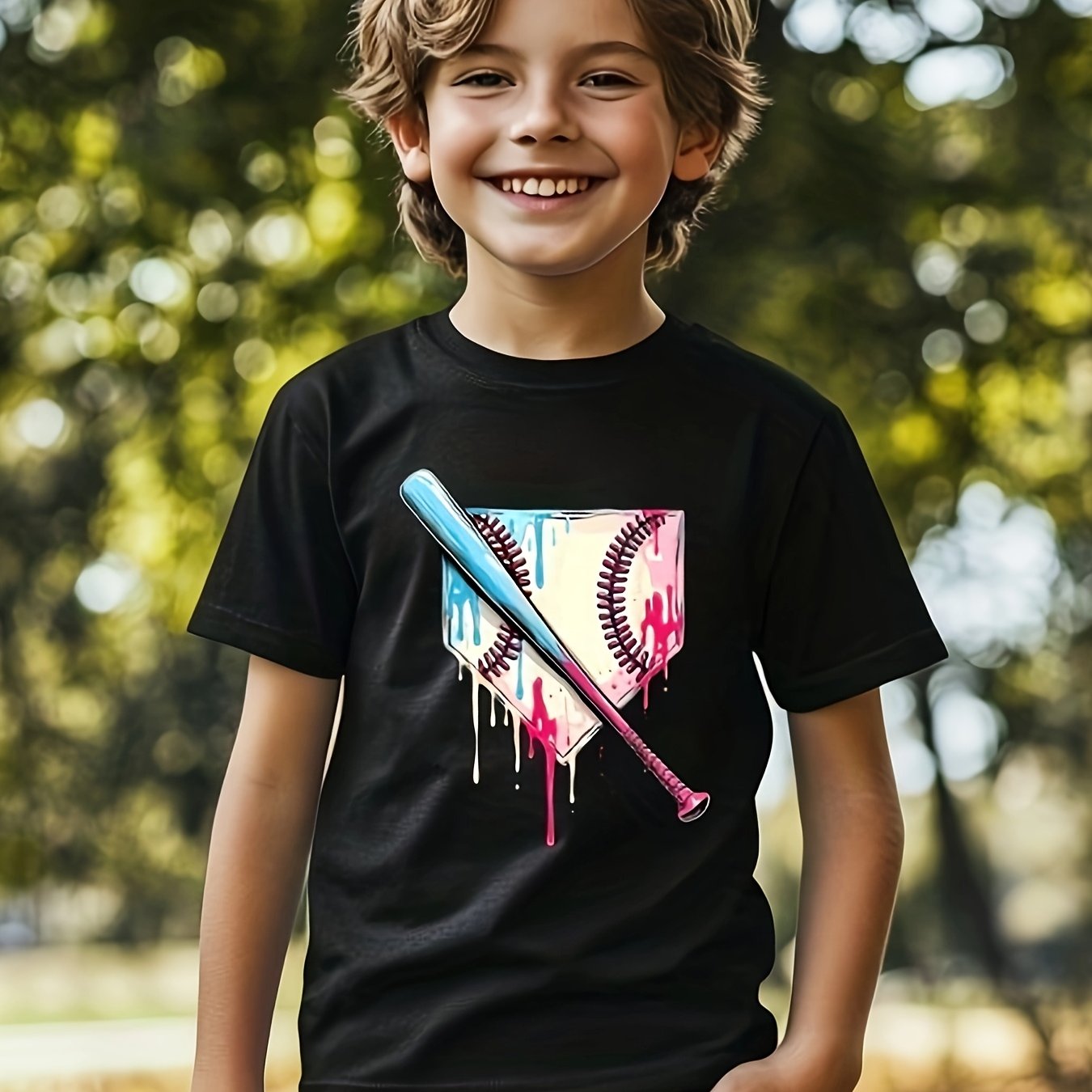 TEMU Kids Baseball Drip With Sprinkles Drip T-shirt Tops Short Sleeve, Street Style Short Sleeve Tee, Tee, Casual Summer Tee, Must-have Fashionable Tee