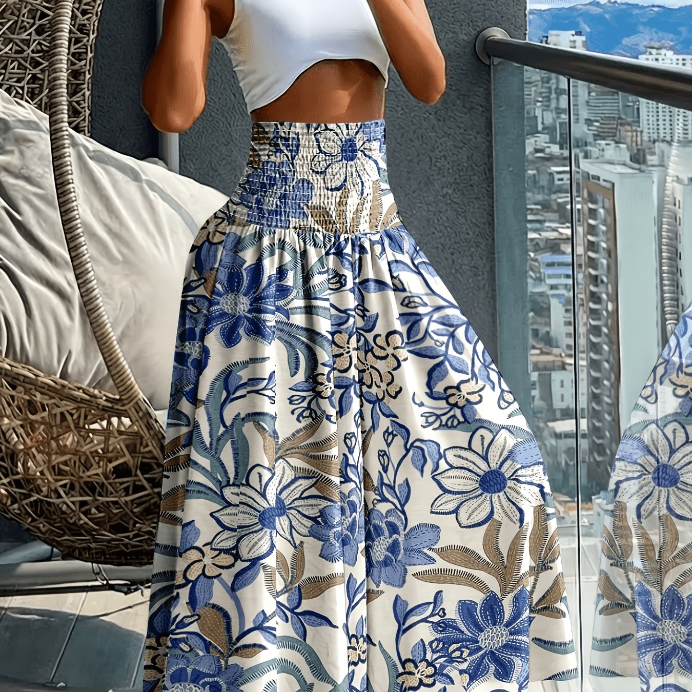 TEMU New Women's Vacation Long Pants, Suitable For Holidays, Beach , Casual Wear, Or Relaxed Workdays. Vintage Print And Wide-leg Silhouette Create A