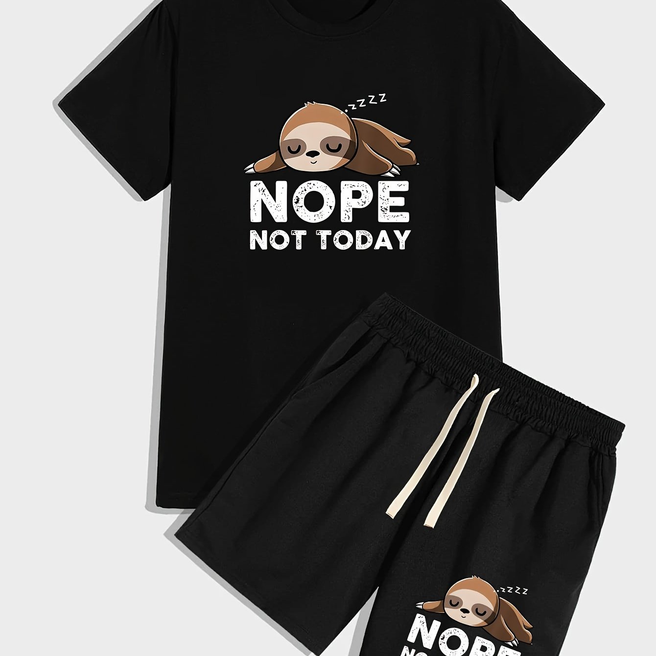 TEMU Sloth Pattern Print, Men's 2pcs Set, Summer Round Neck Short-sleeve T-shirt And Drawstring Shorts Outfit