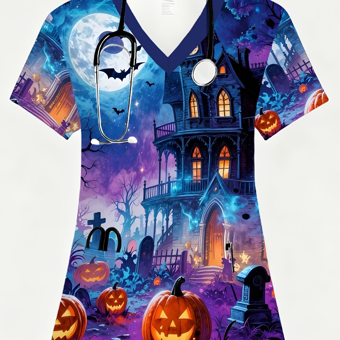 TEMU 1pc Uniforme d'infirmière pour femmes, Impression intégrale, Base blanche, 2 poches, Col en V, Halloween Citrouille Lanterne Impression