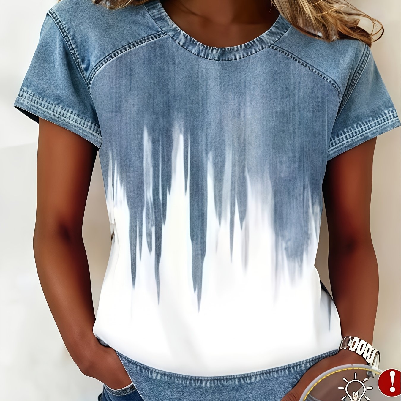 E-shop [Bedruckte Hose - kein Denim-Stoff] Gavin Targeted Development: Neuankunft T-Shirt mit Rundhalsausschnitt, Kurzarm Farbverlauf-Denim-Druck für