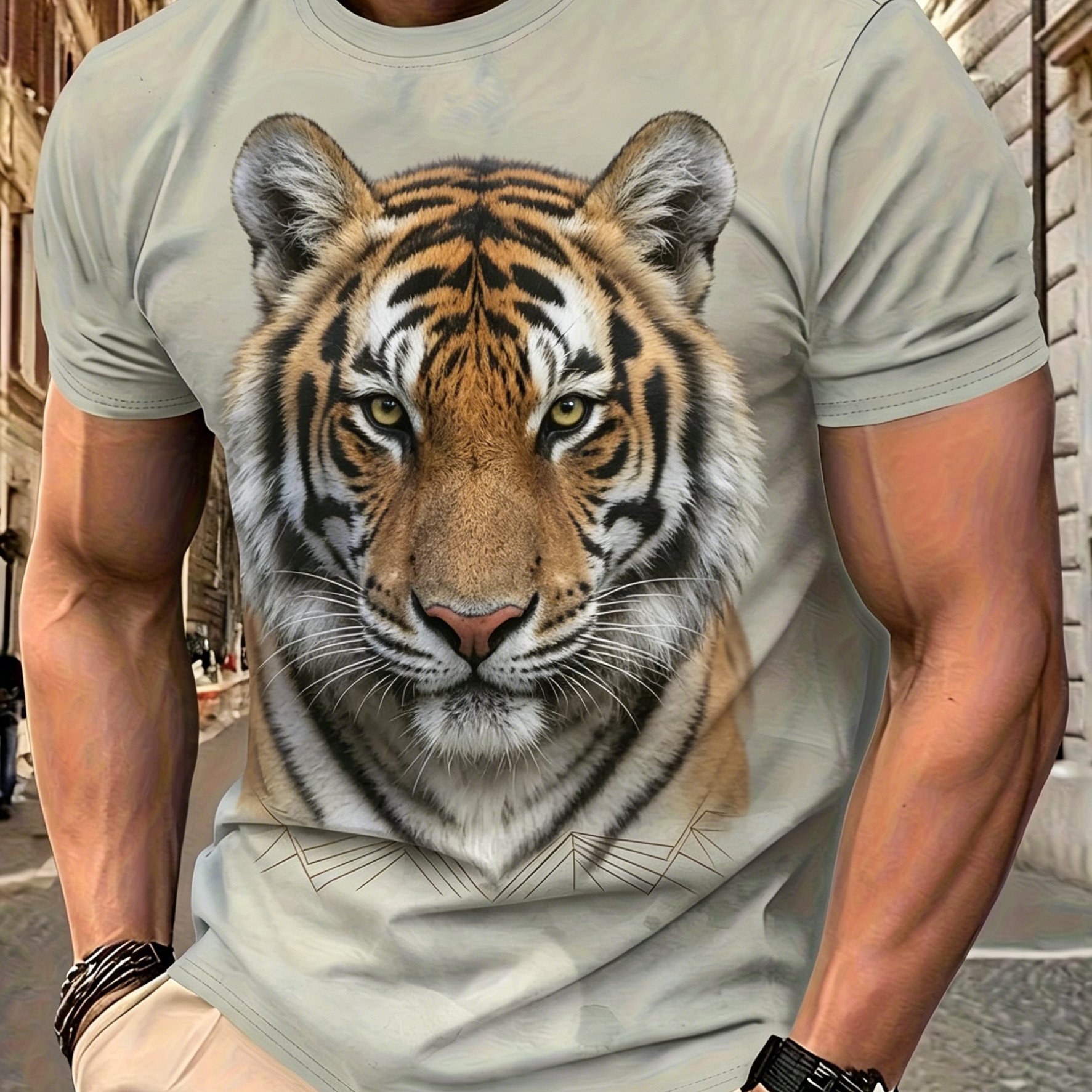 TEMU Men's Realistic Print T-shirt - Plus Size Short Sleeve Crew Neck Top With Full-body Tiger, Oversized Loose Fit Casual & Athletic Wear Suitable