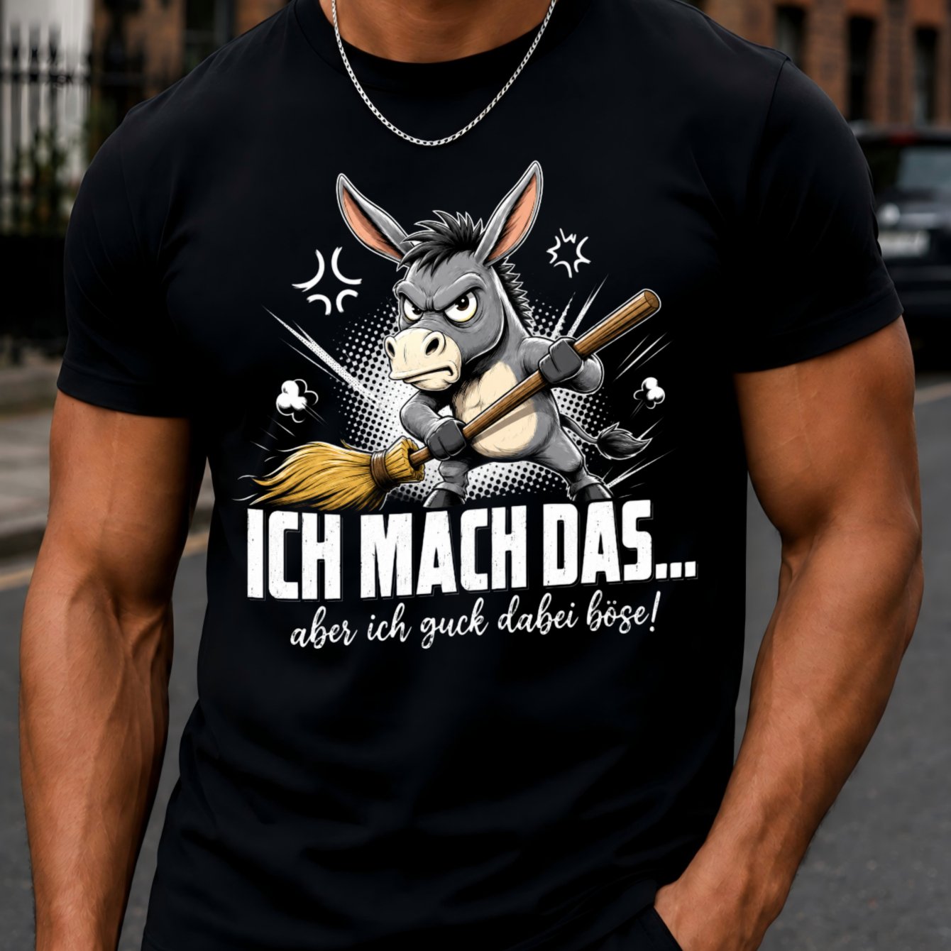Image of Men's T-shirt Angry Donkey Broom Graphic T-shirt German Quote With White Lettering And Comic