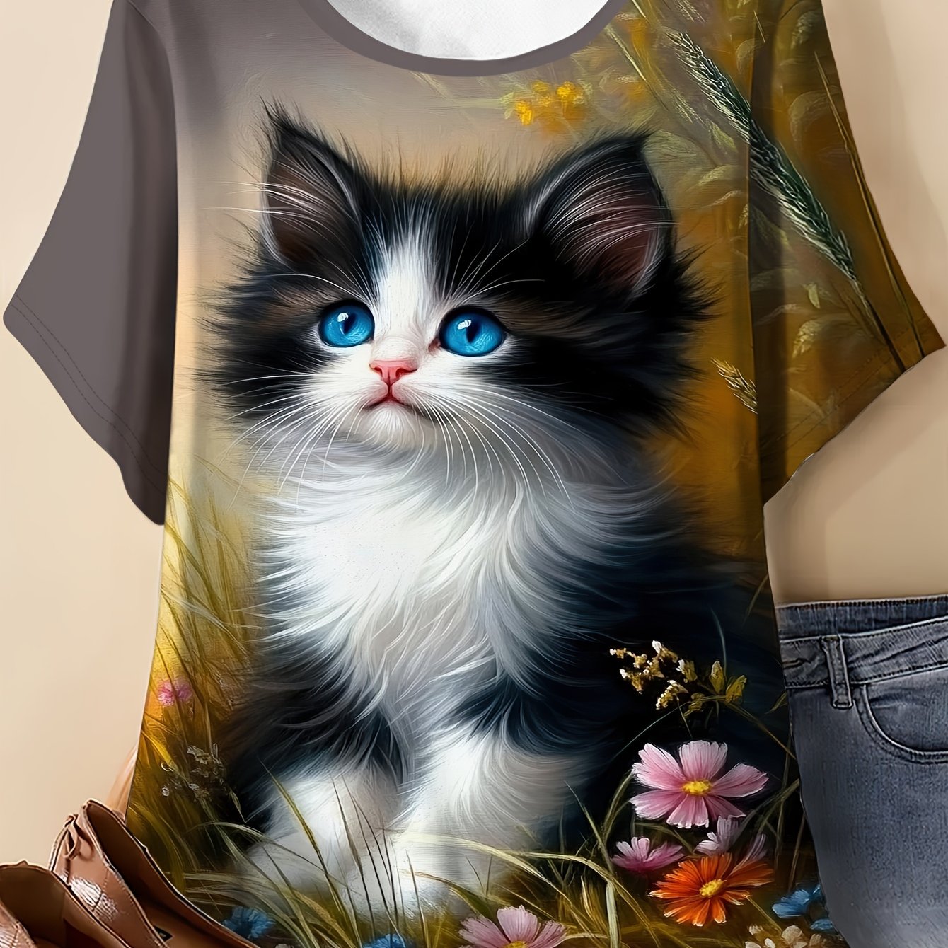 TEMU Plus Size, Women's 2d Black And White Kitten   Floral Print T-shirt - Casual Short Sleeve Round Neck Top, Art Design, Breathable , Machine